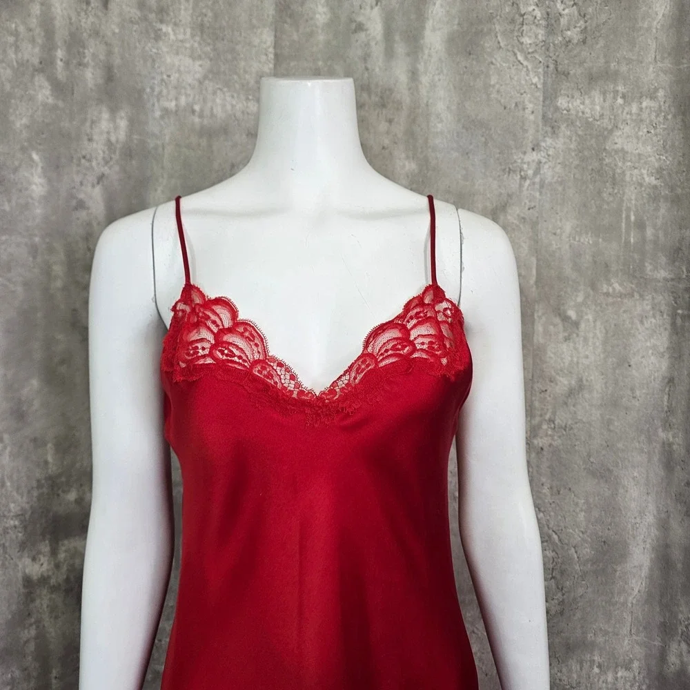 Vintage Warners Red Nylon Lace Slip‎ Dress Womens 34 Mini Chemise Nightgown USA